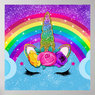 Poster Rainbow Sparkle Glittery Unicorn Horn Face Party