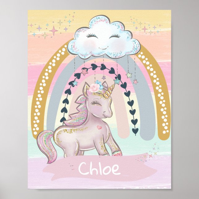 Poster 🦄 Rainbow Unicorn Girl Nom personnalisé (Devant)