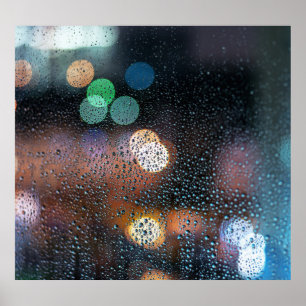 Poster Raindrops, ville nocturne : vue sur la fenêtre.