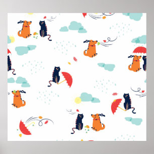 Poster Rainy Day Friends : Chien de chat Vintage