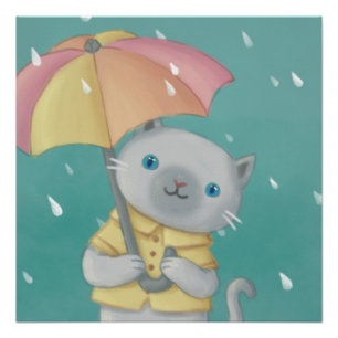 Poster Rainy Day : Illustration de chat et parapluie