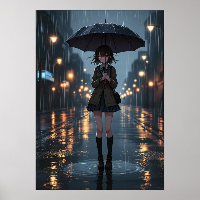 Poster Rainy Night Anime Girl avec parapluie (Devant)