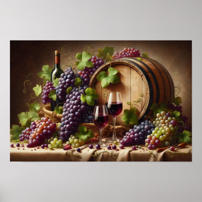 Poster Raisins et vin vie morte (Devant)
