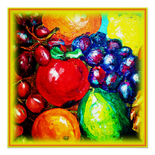 Poster Raisins, Lime, Orange, Fruits de pomme. Commandez  (Devant)