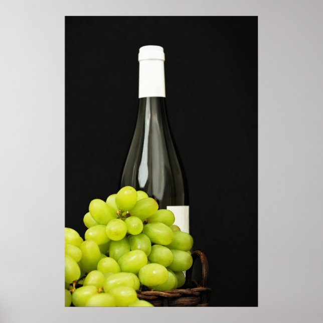 Poster Raisins verts et une bouteille de vin (Devant)