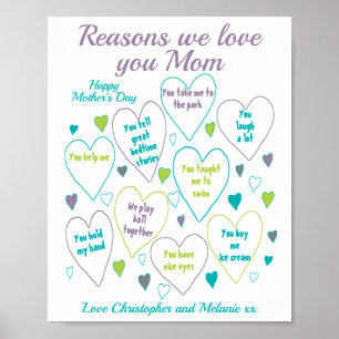 Poster Raisons Je t'aime Maman Fête des Mères Cadeau