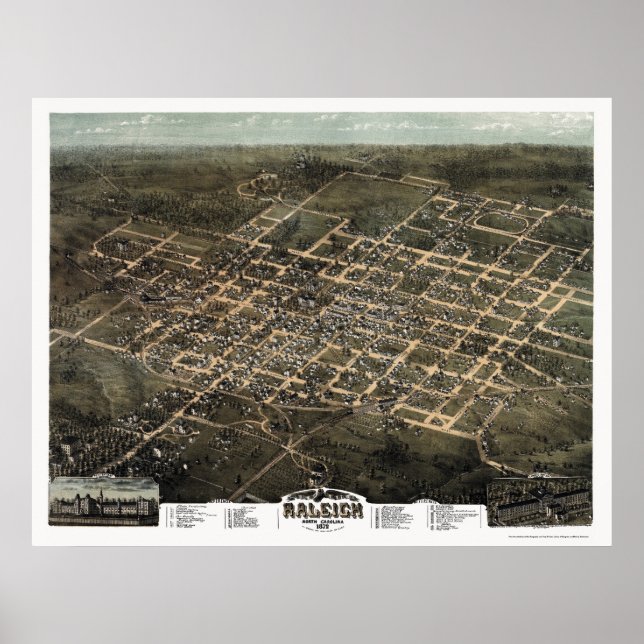 Poster Raleigh, NC Carte panoramique - 1872 (Devant)