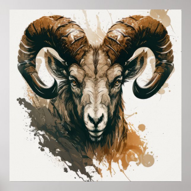 Poster Ram Portrait Animal Peinture Faune Extérieur Art (Devant)