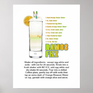 Poster Ramos Gin Fizz Cocktail Recette Art 16"x20"