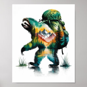 Poster Randonnée Sloth Backpacking Mountain Wildlife Wate