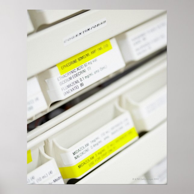 Poster Rangées de tiroirs à médicaments étiquetés (Devant)