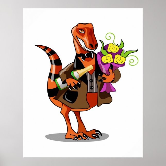 Poster Raptor Tenant Une Bouteille De Vin Et Fleurs Étinc (Devant)