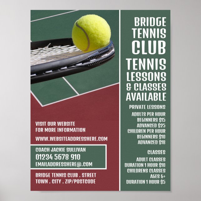 Poster Raquette & Bal, Tennis Leçons / Classes Publicité (Devant)