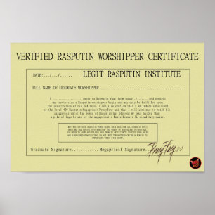POSTER RASPUTIN WORSHIPPER CERTIFICATE