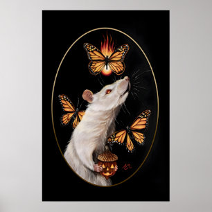 Poster Rat blanc avec papillons monarques Maison gothique
