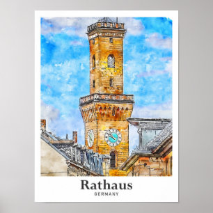 Poster Rathaus Allemagne Voyage Aquarelle main tirée