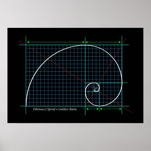 Poster Ratio d'or, spirale Fibonacci, dessin couleur (Devant)