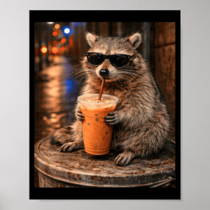 Poster Raton laveur buvant du café glacé mème animal drôl