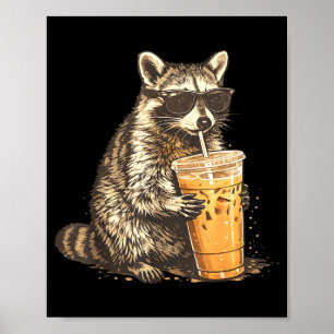 Poster Raton laveur buvant du café glacé mème animal drôl