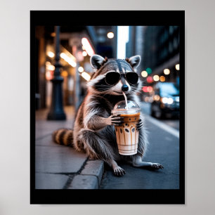 Poster Raton laveur buvant un café glacé mème animal drôl