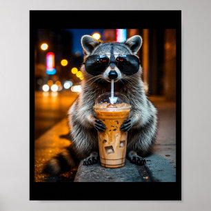 Poster Raton laveur drôle buvant du café glacé mème anima