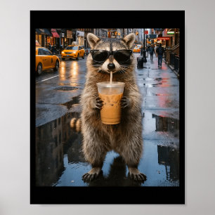 Poster Raton laveur drôle buvant du café glacé mème anima