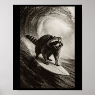 Poster Raton laveur drôle de selfie de surf sur planche d