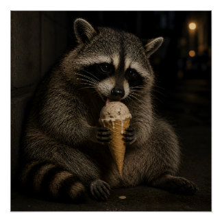 Poster Raton laveur drôle mangeant de la glace