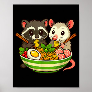 Poster Raton laveur et opossum mangeant des nouilles Rame