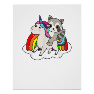 Poster Raton laveur sur licorne animaux arc-en-ciel licor