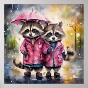 Poster Raton laveurs mignons sous la pluie