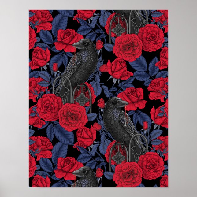 Poster Ravages et roses avec des feuilles bleu foncé (Devant)