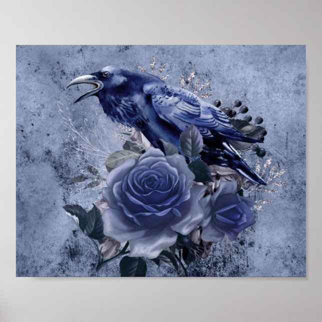 Poster Raven Bird Blue Rose Whimsical Decoupage Imprimer (Devant)