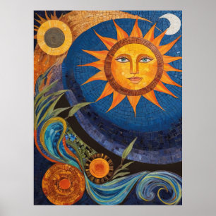 Poster Rayonnant Soleil Mosaïque Vibrant Céleste