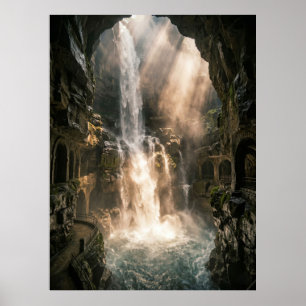 Poster Rayons de soleil sur la cascade de la grotte caché