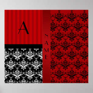 Poster Rayures rouges de damassé de nom et de monogramme