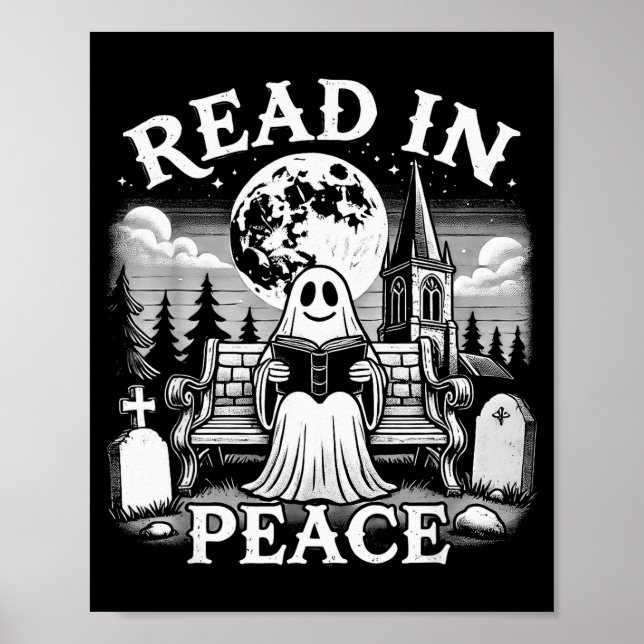 Poster Read In Peace Ghost Reading Books Funny Halloween  (Devant)