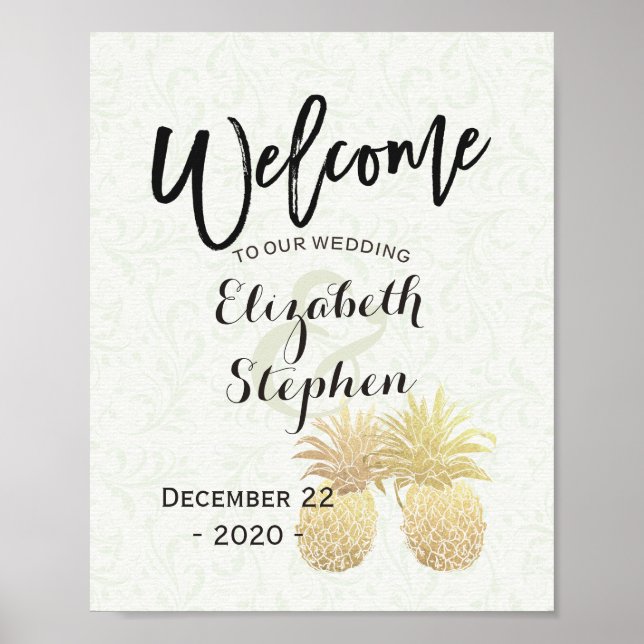 Poster Réception de bienvenue de mariage Ananas dorés vin (Devant)