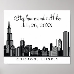 Poster Réception de mariage noir de Chicago Skyline