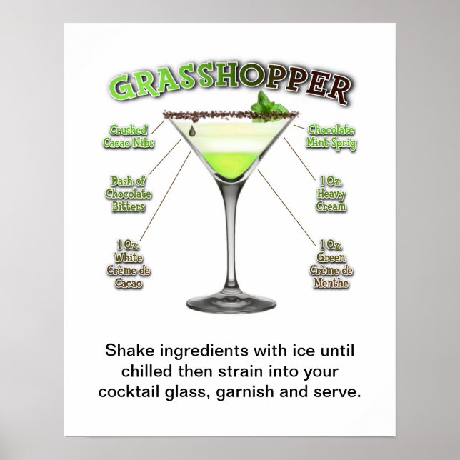POSTER RECETTE DE COCKTAIL GRASSHOPPER ART 16" X 20" (Devant)