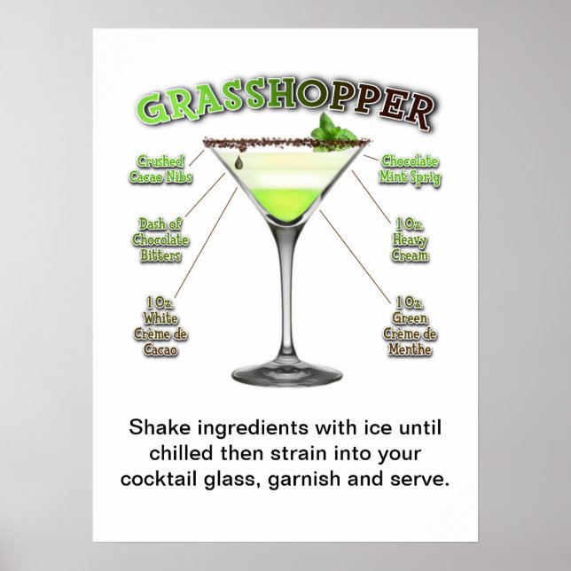 Poster Recette de cocktail GRASSHOPPER Art 18" x 24" (Devant)