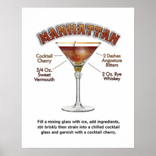 Poster Recette de cocktail Manhattan Art 16"x20" Imprimer