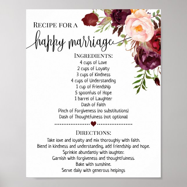 Poster Recette pour mariage heureux douche marsala signe  (Devant)