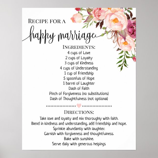 Poster Recette pour un cadeau de mariage heureux rose pou (Devant)