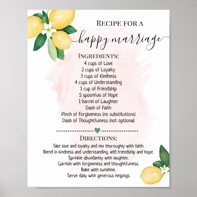 Poster Recette pour un mariage heureux Citron rose douche (Devant)