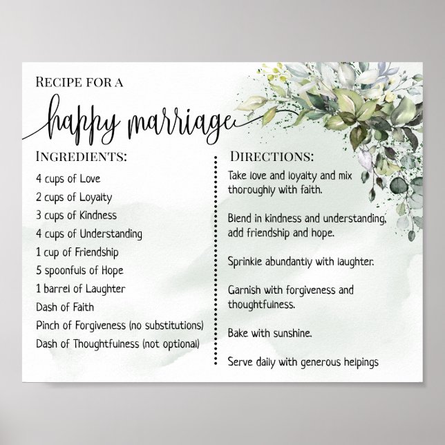 Poster Recette pour un mariage heureux jeunes mariés euca (Devant)