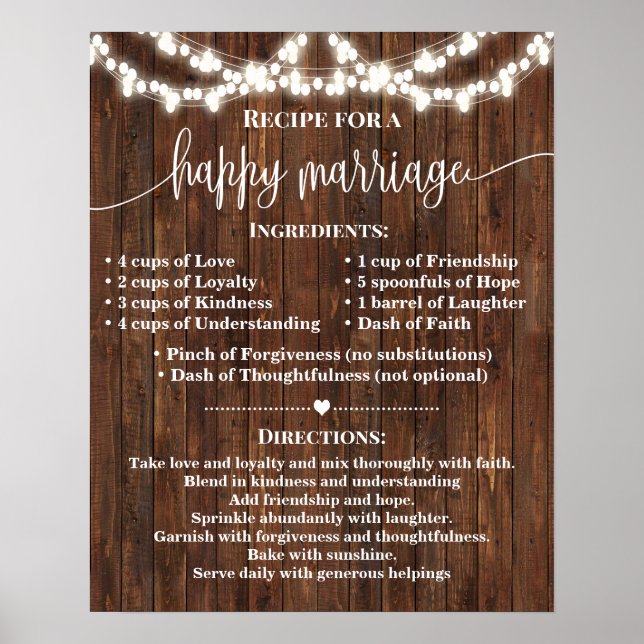Poster Recette pour un mariage heureux Mariage cadeau pay (Devant)