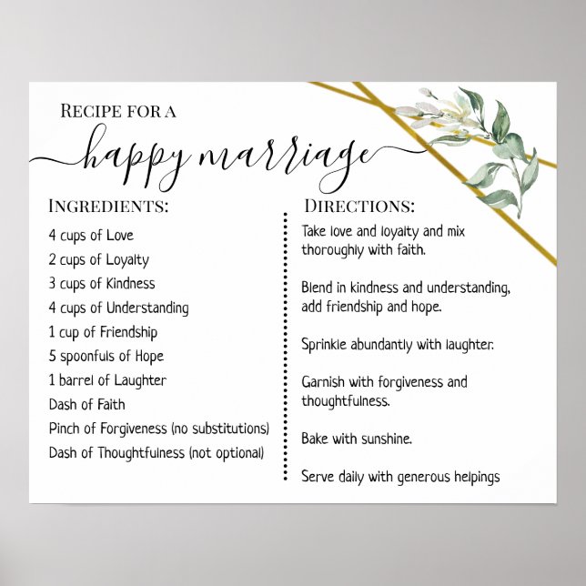 Poster Recette pour un mariage heureux verdure dorée pour (Devant)