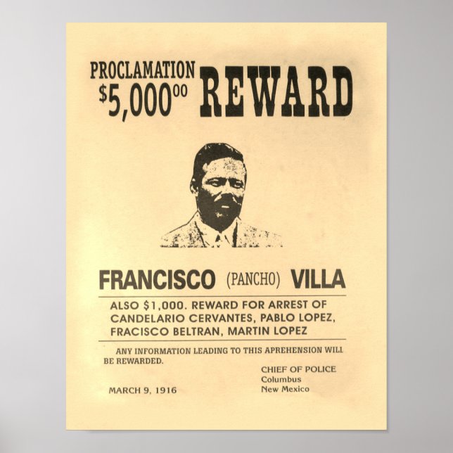Poster Recherché vintage Pancho Villa Reward (Devant)