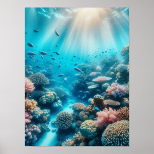 Poster Récif océanique et rayons de soleil